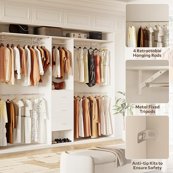 LINLUX 8FT Closet System 94'' Closet Organizer with 3 Drawers,4 Extendable Hanging Rods,Wood Closets Built In System Tower with Adjustable Shelves,Walk-in Closets Wardrobe Clothes Garment Rack(White)