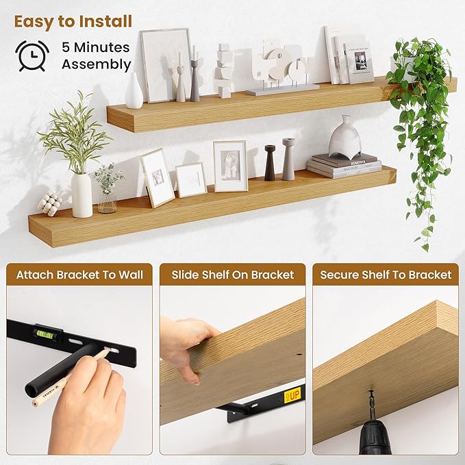 Fun Memories Floating Shelves 48 Inch, Extra Large Wood Shelf Set of 2, Hanging Wall Shelves for Bathroom, Living Room, Kitchen, Bedroom, Oak