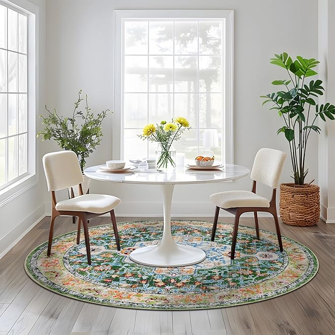 U'Artlines Boho Round Vintage Area Rug 4ft Machine Washable Low Pile Soft Floor Carpet Non Slip Non Shedding Accent Rug for Living Room Bedroom Entryway Dining Room Office Green