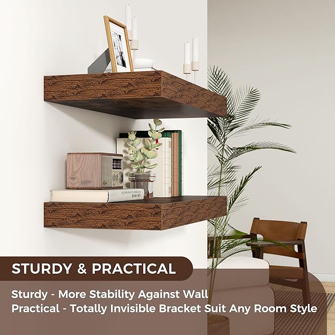 Venusmiles Floating Shelves for Wall, 40" W x 12" D x 2" H, 2 Pack of Long Wall Mounted Engineered Wood Shelves with Invisible Brackets for Living Room, Bedroom, Bathroom, Kitchen Decor, Brown