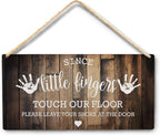 Wall Pediments Shoes Off Sign,Shoes Off Sign for Front Door,Since Little Fingers Touch Our Floor Door Sign,Shoes Off Hanging Welcome Sign for Front Door,10x8 Inches，Wood Grain-8