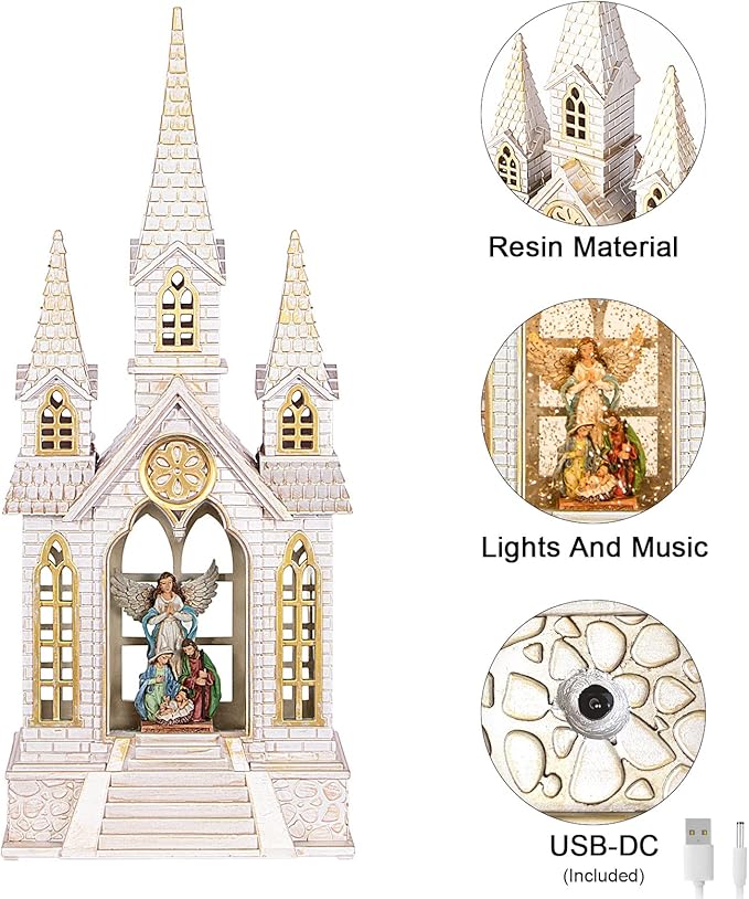 Church Snow Globe Lighted,Christmas Snow Lantern,Angel Holy Family Nativity Christmas Eve Glitter Snow Globe with Musical,Christian Decorations Indoor,Two Power Modes of Church Snow Globes
