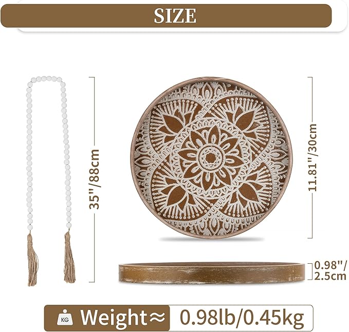Hanobe Round Decorative Tray for Table: 2Pcs Vintage Coffee Table Trays with Boho Bead Garland for Home Decor - Farmhouse Wood Circle for Kitchen Counter Women