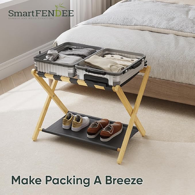 Luggage Rack, Folding Luggage Rack for Guest Room, Bamboo Suitcase Stand Holds up to 131 lb, Luggage Stand with Storage Shelf for Hotel, Bedroom (1 Pack)