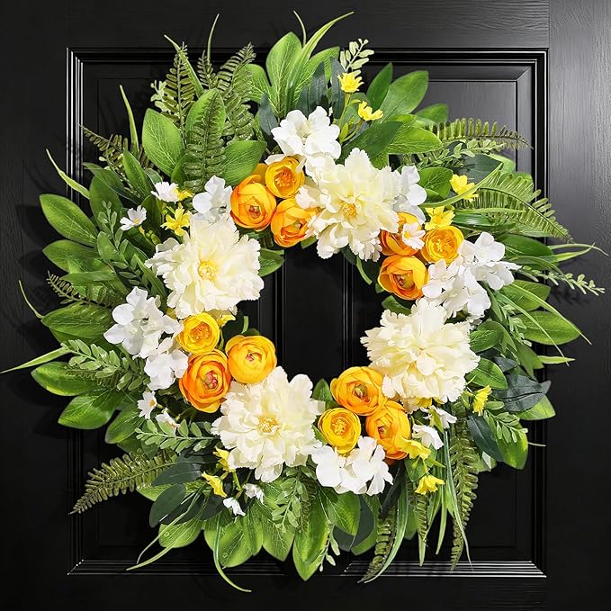 Summer Wreath for Front Door, 24 Inch Summer Wreath Floral with Peony Ranunculus Hydrangea Flower Summer Door Wreaths for Porch Entryways Wall Window Farmhouse Party Home Seasonal Decor