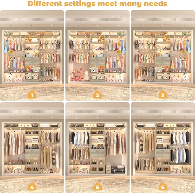 Closet System - 8FT Closet Organizer System with Wooden Drawers, 96" Closet Systems for Nursery & Walk-In Closets with Cuttable Hanging Shelving, Greige Oak