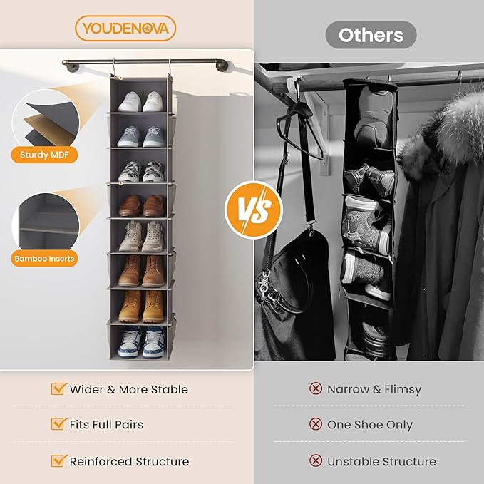 YOUDENOVA Upgraded Extra Wide Hanging Shoe Organizer for Closet, 8-Shelf Storage Organizer with 8 Side Pockets, Hanging Shoe Rack for Hats Clothes Jeans, Grey