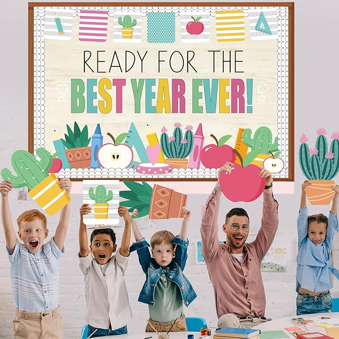 Pajean Ready for the Best Year Ever Bulletin Board Modern Back to School Classroom Decorations Apple Potted Ruler Pencil Paper Cutouts for Door Wall Chalkboard Decor First Day of School Supplies