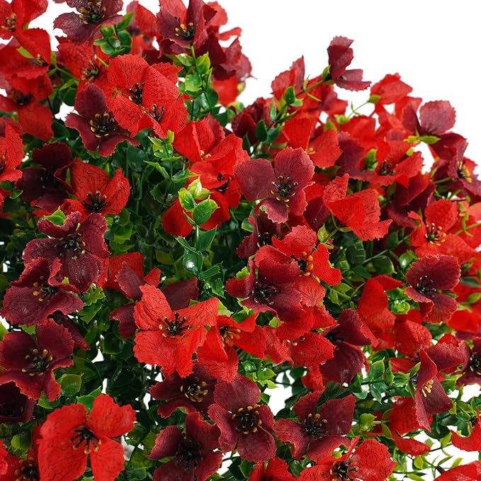 Artificial Faux Plants Flowers Outdoor Spring Summer Decoration, 12 Bundles Fake Silk Colorful Daisy Eucalyptus Realistic UV Resistant for Outside Home Planter Porch Patio Yard Decor (Red Brown)