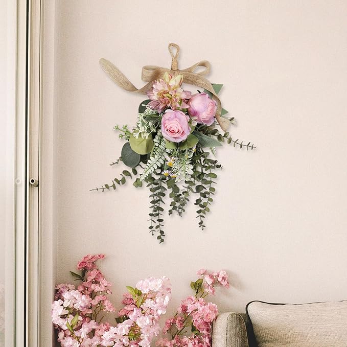 Artificial Teardrop Swag Floral Garland with Silk Flowers Ornament Handmade Reusable Suitable for Home Window, Purple