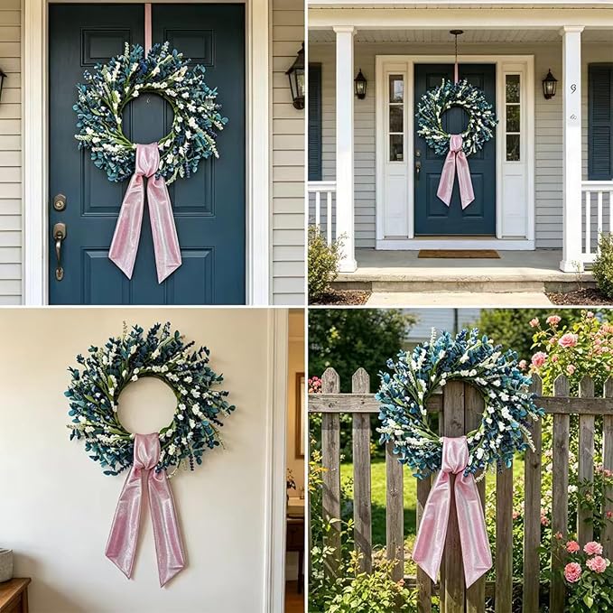 22 Inch Blue Floral Wreath for Front Door, Artificial Spring Summer Wreath with Free Pink Sash, All Seasons Eucalyptus Greenery Wreath for Indoor Outdoor Home Wall Wedding Decor