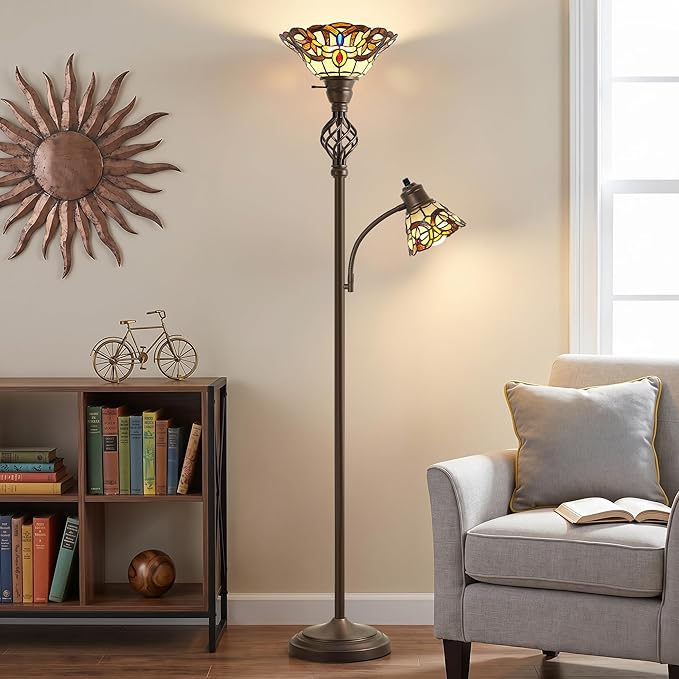 GyroVu Tiffany Floor Lamp, Torchiere Floor Lamps with Stained Glass Shade, 70" Tall Standing Lamp with Adjustable Gooseneck Reading Lamp for Living Room Bedroom Office, Bulbs Included