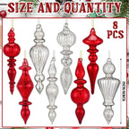 Mifoci 8 Pcs 6 Inch Mercury Glass Finial Christmas Ornaments Hanging Christmas Finials Glass Ornaments Assorted Mercury Decor for Vintage Holiday Xmas Tree Decoration(Red, Silver)