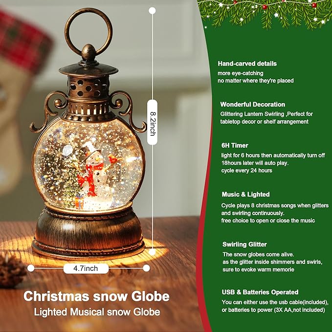 Christmas Snow Globe Lantern Water Glittering Snowman Scene with Music & Timer, USB Lined/Battery Operated Lighted Water Lantern for Christmas Festival Decoration Gifts