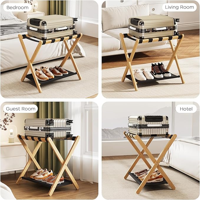 Fully Assembled Luggage Racks Pack of 2, Bamboo Natural Foldable Luggage Rack for Guest Room, Suitcase Stand with Fabric Storage Shelf for Hotel, 5 Nylon Straps, 26.77" W x 16.93" D x 22.5" H