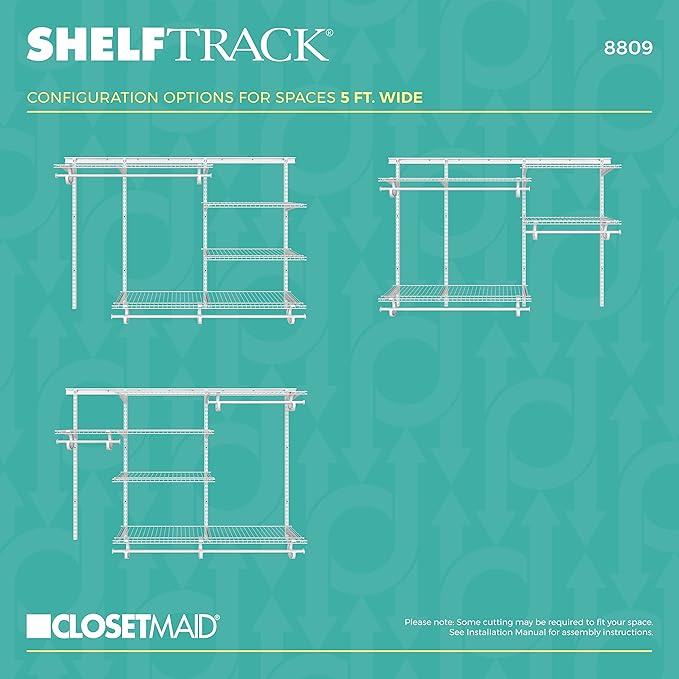 ClosetMaid ShelfTrack Wire Closet Organizer System, Adjustable from 5 to 8 Ft., with Shelves, Clothes Rods, Hardware, Durable Steel, White