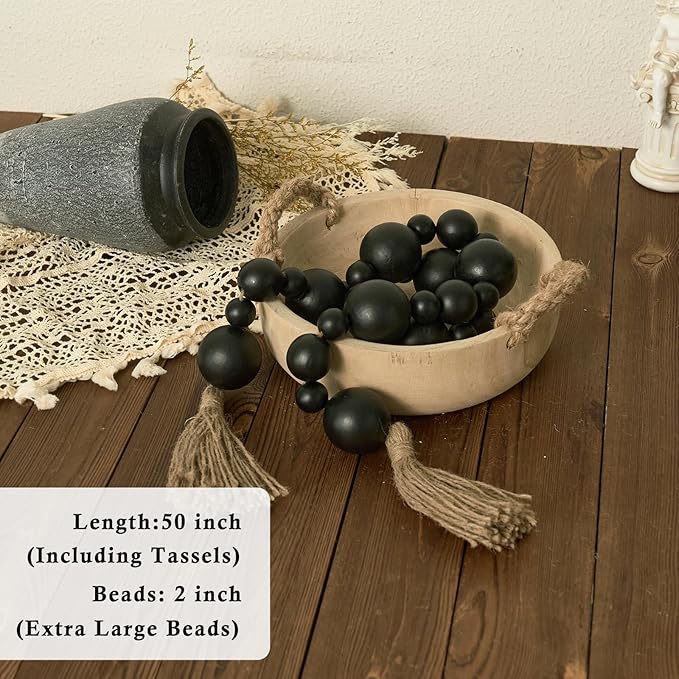 2" Extra Large Wood Bead Garland with Tassels, 50" Long Rustic Farmhouse Wooden Beads Garland, Decorative Beads Boho Decorations for Home Table Mantle Black