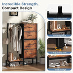 OLIXIS 4 in 1 Storage with Hanging Rack, Clothes Rack Shoes Rack, Bag Hook, Tall Storage Tower, Sturdy Frame for Bedroom Entryway Living Room Brown
