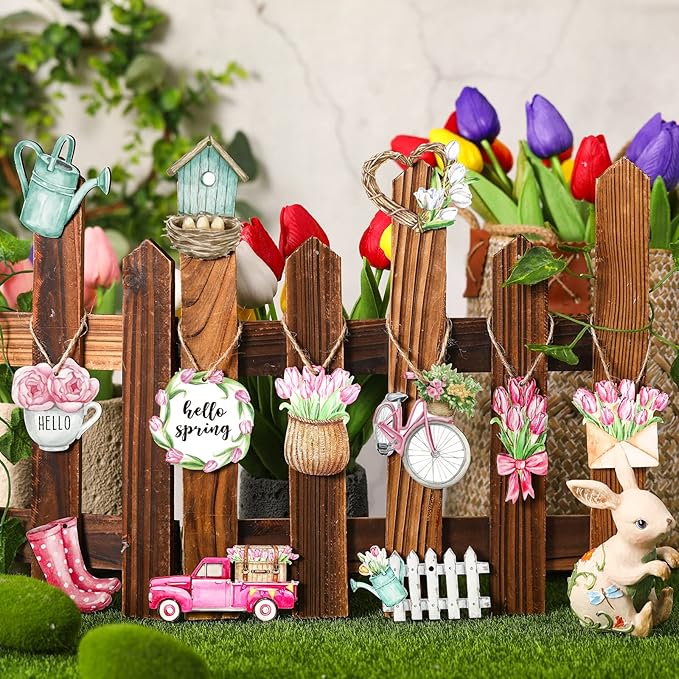 Maitys 36 Pcs Spring Flower Wooden Ornaments Sunflower Tulip Easter Tree Decoration Floral Gnome Hanging Wood Cutout Pastel Spring Decor for Home Small Tree Party(Sweet)
