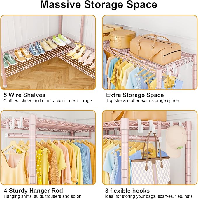 E15 Pro Garment Rack L Shaped Clothes Rack for Corner，Freestanding Clothing Racks for Hanging Clothes，Heavy Duty Closet System with 4 Hanging Rods & 8 S Hooks，48.8"W x 15.8"D x 78.4"H，Pink