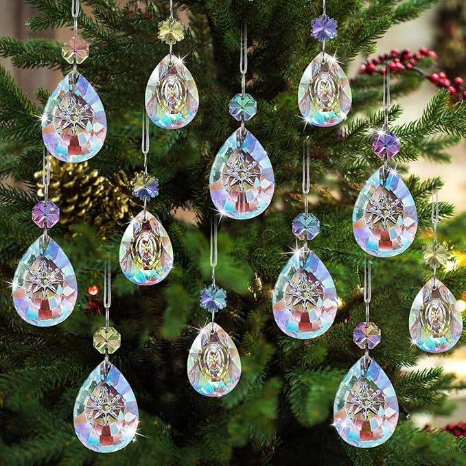 GuassLee Crystal Ornaments Christmas Tree Decorations, 12 Pcs AB Color Teardrop Crystal Hanging Ornaments for Christmas Tree Xmas Bead Chandelier Garland New Years Holiday Party Supplies Decor