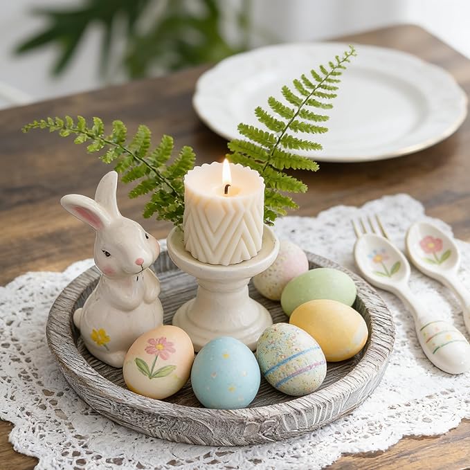 Hanobe Candle Plate Holder Tray: Round Wood Decorative Candle Plate - Rustic Farmhouse CoffeeTable Decor - Tealight Pillar Trays for Home Decor (Whitewash)