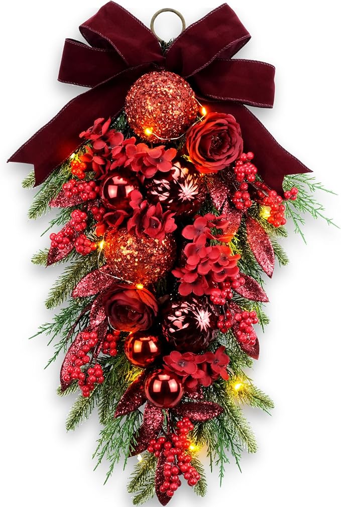 24" Decorative Teardrop Swag, Artificial Christmas Swag with Red Hydrangea & Baubles, Purple Bowknot, Red Berries, Sparkling Leaves, Pine Needles