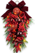 24" Decorative Teardrop Swag, Artificial Christmas Swag with Red Hydrangea & Baubles, Purple Bowknot, Red Berries, Sparkling Leaves, Pine Needles