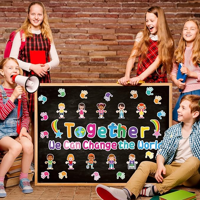 Together We Can Change The World Classroom Bulletin Board Set Decorations Back to School Bulletin Board Hands with Hearts Diverse Children Cutouts for Kids and Teacher Classroom School Supplies Decor