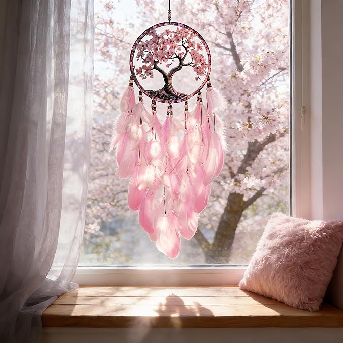 Dream Catcher Wall Hanging Decor for Bedroom Aesthetic, Handmade Traditional Wall Art with Feathers for Living Room, Nursery, Good Vibes Gift for Women,Girls,Home Decoration Wedding Party (Pink Tree)