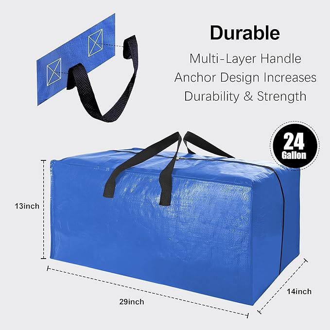 Heavy Duty Extra Large Moving Bags W/Backpack Straps - Strong Handles & Zippers, Storage Totes For Space Saving, Fold Flat, Alternative to Box and Bin (Set of 6, Multicolor)