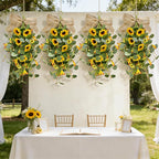 2 Pack 21'' Summer Sunflower Swag Wreaths for Cabinets Artificial Yellow Daisies Flower Teardrop Wreath with Orange Berry and White Sprigs Floral Wreath for Farmhouse Front Door Porch Window Wall