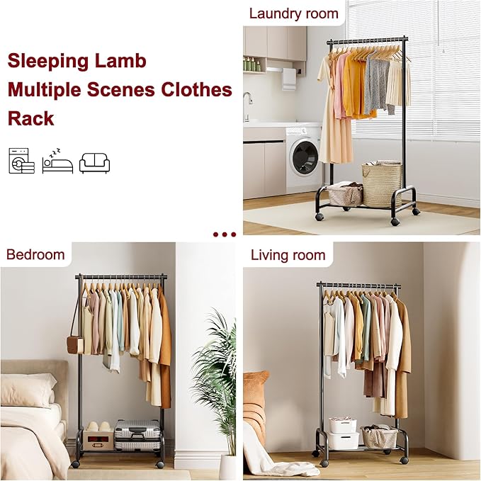 SLEEPING LAMB Heavy Duty Clothing Racks for Hanging Clothes, Small Rolling Clothes Rack with Wheels, Sturdy Garment Wardrobe Rack for Bedroom, Laundry Room, Black
