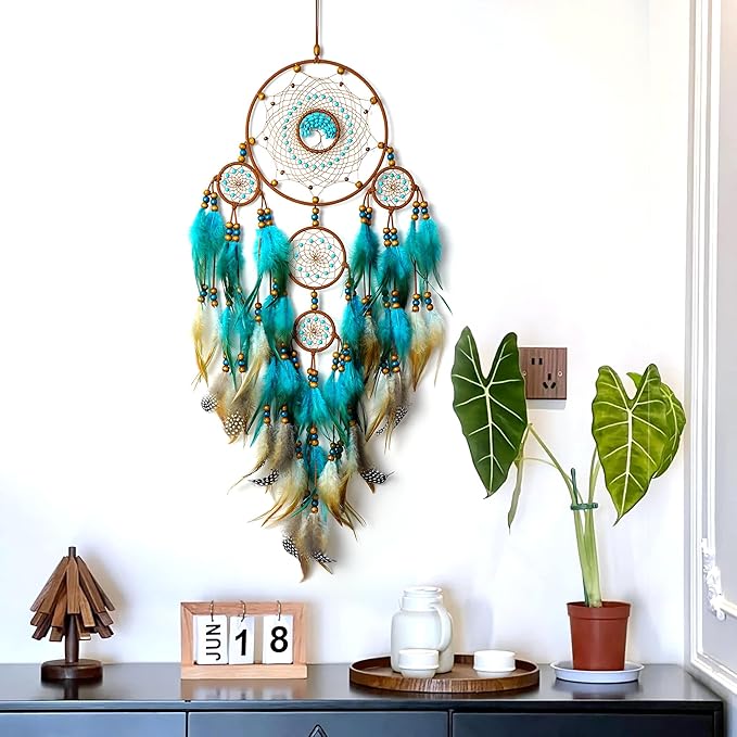 Large Dream Catchers, Boho Handmade Woven Turquoise Dream Catchers Wall Hanging for Bedroom Home Decor, Wedding Party Decor, Adults Boys Girls Festival Blessing Gift (Turquoise & Brown)