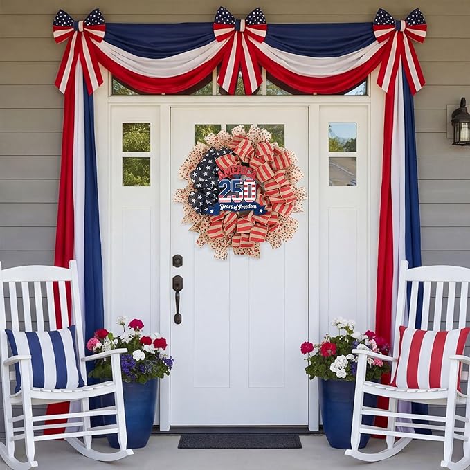 24Inch 4th of July Wreath, Patriotic Burlap Wreath for Front Door,Stripe and Stars Wreaths for USA 250th Anniversary, Memorial Day American Flag Printed Decorations for Outdoor (Flag Wreath)