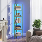 TUTOTAK Corner Shelf with LED Light, 6-Tier Corner Bookshelf for Small Space, Narrow Display Corner Shelf Stand with Storage Rack, for Living Room, Bedroom, Olive Green BS05BOG006L