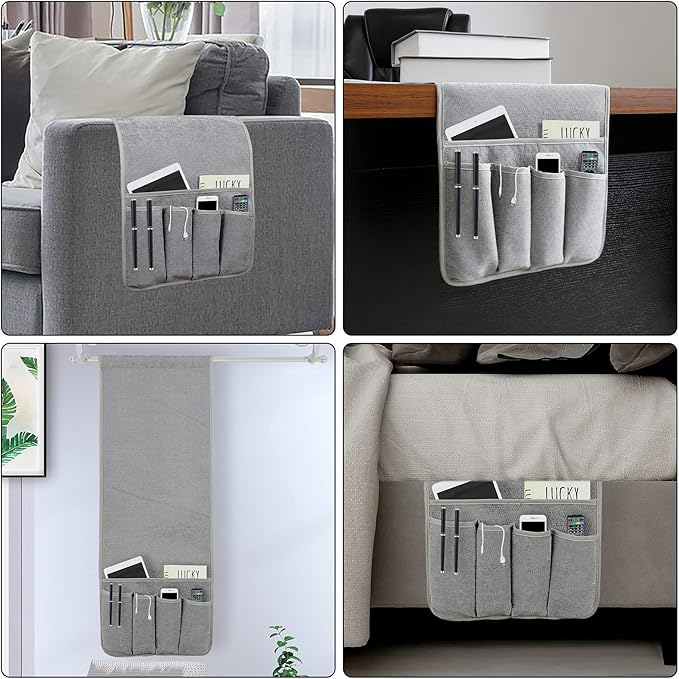 NB Remote Control Holder，Bedside & Armchair & Couch Caddy with Non-Slip Base，5 Pockets Oxford Fabric Bed Desk Storage Pocket for Phone Tablet Kindle Magazines，Gifts for Seniors (Gray, 35"X12.4")