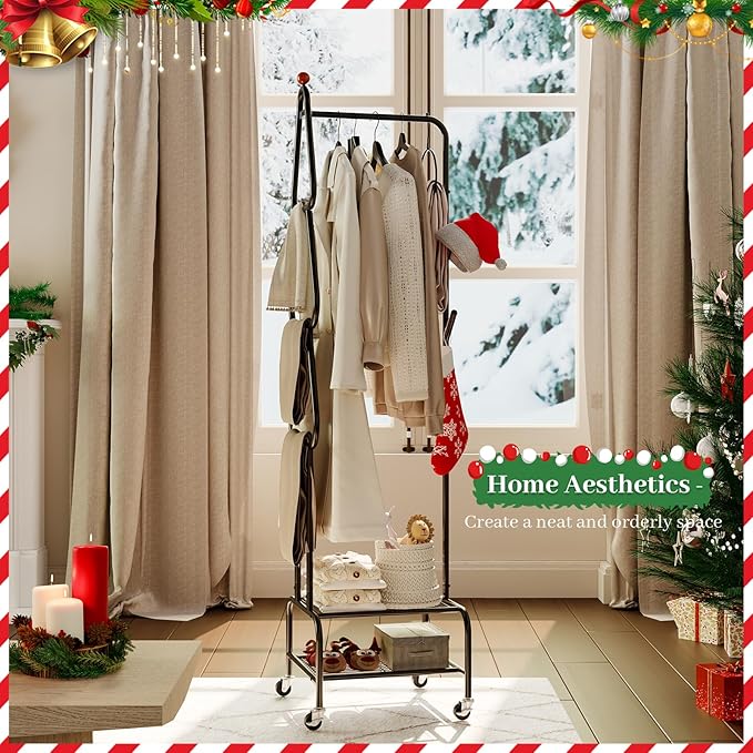 Clothes Rack, Metal Garment Rack with Wheels and Shelves, Rolling Portable Clothing Racks for Hanging Clothes, Freestanding Storage Solution for Small Spaces (Black)