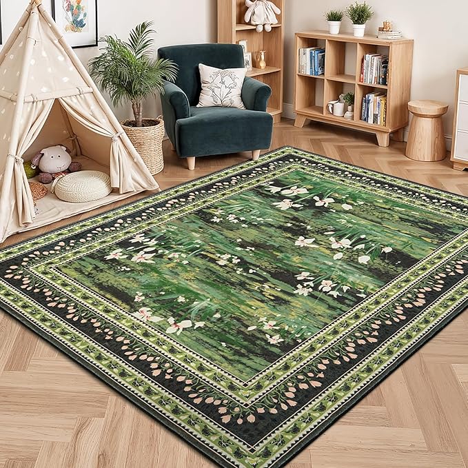 Lessymo Dark Green 5x7 Floral Rugs for Living Room, Soft Washable Area Rug Non-Slip for Dining Room, Impressionist-Style Vintage Carpet, Cottagecore Bedroom Nursery Office Decor