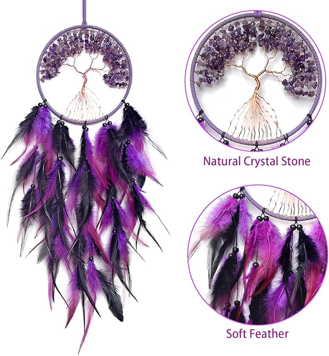 Black and Purple Dream Catcher Wall Decor Crystal Tree of Life Dream Catchers Handmade Feather Dreamcatcher Wall Hanging Ornament for Bedroom Living Room Home Decor