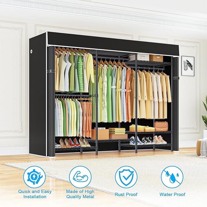 Ulif E13C Heavy Duty Closet Organizer System，Freestanding Clothing Racks for Hanging Clothes，Adjustable Garment Rack 63" W x 16" D x 77" H Hold 960 lbs，Black Clothing Rack with Black Dustproof Cover