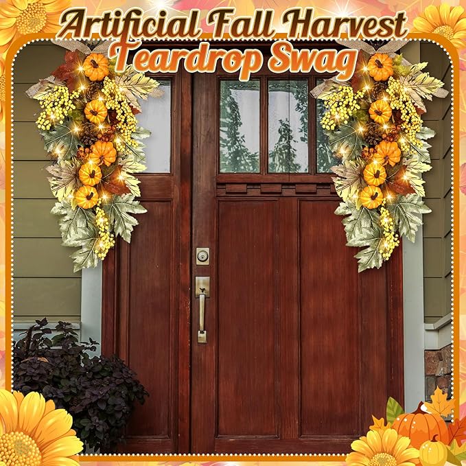Lyrow 4 Pcs Cordless Prelit Artificial Swags 24" Pumpkin Stairway Swag Teardrop Trim with Timer Christmas Staircase Decoration Battery Operated Garland for Indoor Outdoor Railing