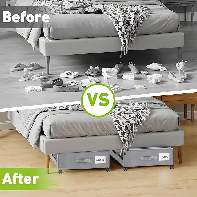 Under Bed Storage with Wheels, 4-Pack Under the Bed Storage Containers with Clear Lids & Label, Underbed Storage Bins, XXL 60L Rolling Metal Drawer for Clothes, Shoes, Toys, Books - Gray