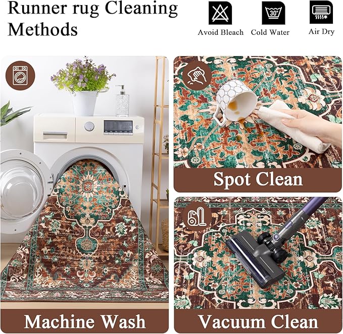 U'Artlines 3' x 14' Boho Hallway Runner Rug, Rust Non Slip Washable Vintage Farmhouse Accent Rug Carpet for Kitchen Entryway Laundry and Living Room (Rust＆Teal)