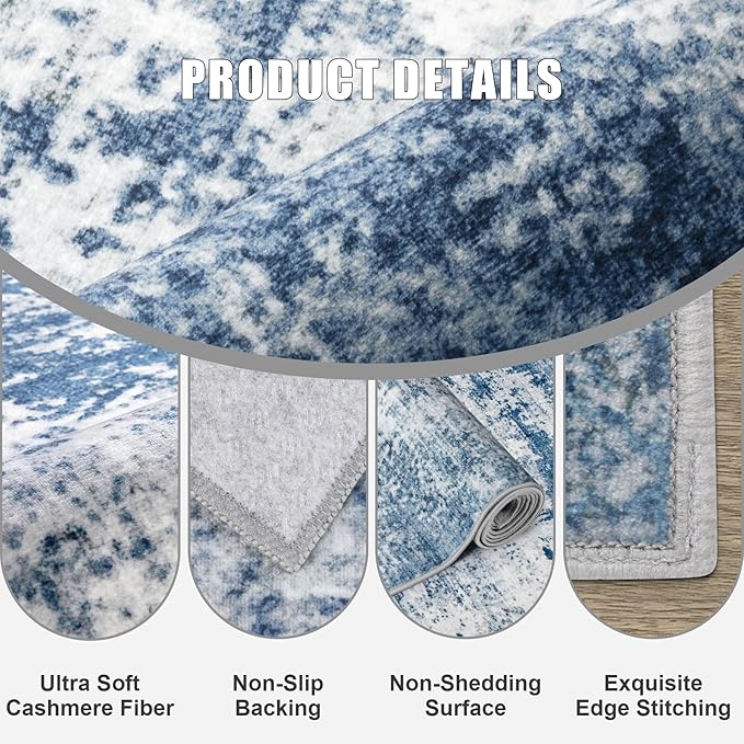 Round Area Rug for Living Room: 6 ft Washable Modern Abstract Soft Thin Rug Indoor Floor No Slip Stain Resistant Carpet for Bedroom Dining Room Farmhouse Nursery Home Office - Blue