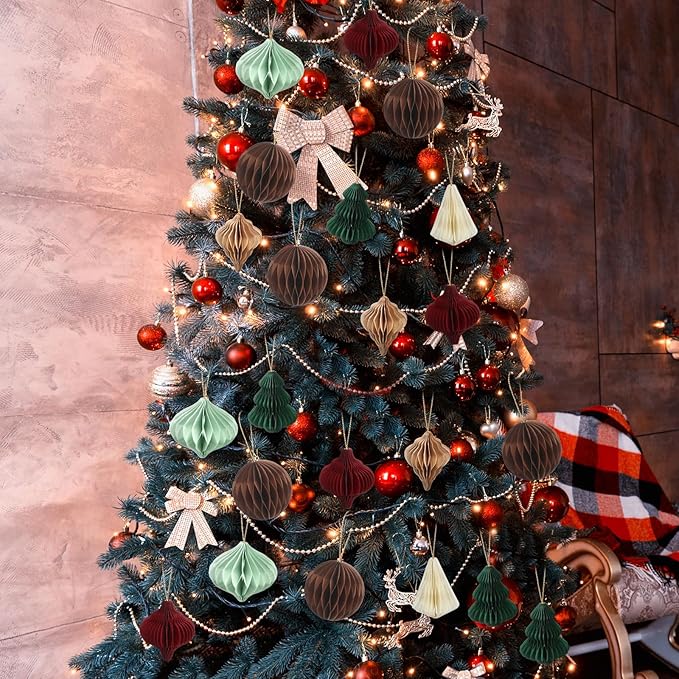 Soulchen 24 Pcs Christmas Paper Honeycomb Ornaments 3D Mini Honeycombs Lantern Vintage Christmas Hanging Ornaments Party Decorations for Xmas Tree Home New Year Decor