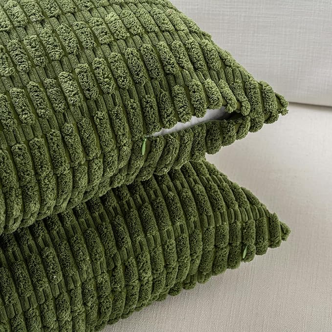 Fancy Homi Set of 4 Green Spring Decorative Throw Pillow Covers 12x12 Inch for Couch Bed Chair, Aesthetic Rustic Boho Room Decor, Soft Fuzzy Double Sided Thick Corduroy Textured Cushion Case 30cm