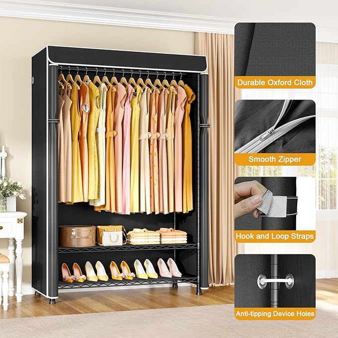 H5C Plus Clothes Rack with Cover, Portable Closet for Hanging Clothes, Covered Clothing Racks Heavy Duty, 3-Tiers Garment Rack with Shelves Max Load 370LBS Black Closet Rack with Black Cover