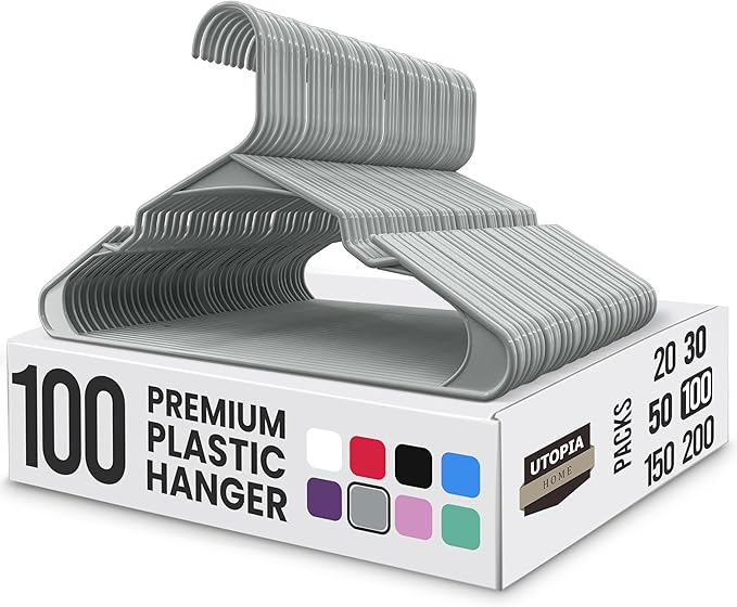 Utopia Home Plastic Hangers 100 Pack - Perfect Space Saving Clothes Hanger - Durable and Strong - Perfect Closet Organizers with Shoulder Grooves (Grey)