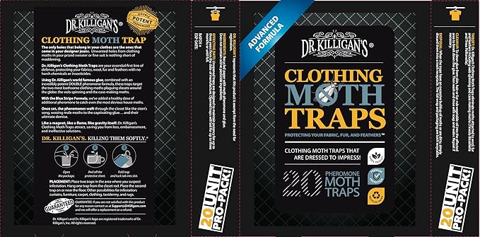 Dr. Killigan's Premium Double Potent Clothing Moth Traps with Pheromones Prime - Trap with Lure for Clothes Closets & Carpet - Case Making & Web Spinning Moth Prevention (20 Pack, Black)